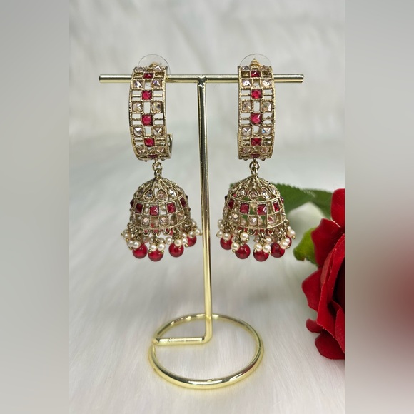 Elegant Hot Pink And Gold Jhumka Earrings - Picture 7 of 8
